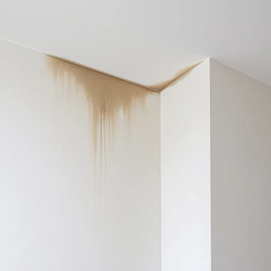 Corner of a white room where the ceiling meets two walls, a tan water stain spreading along the joint with streaks running down the wall