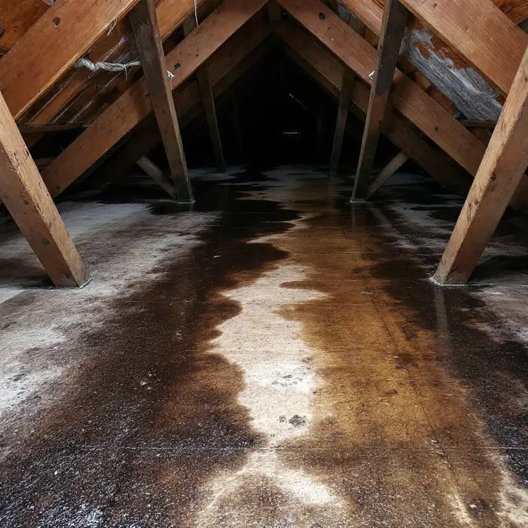 Inside a roof space showing dark water staining spreading across the underside of the wooden decking between two rafters