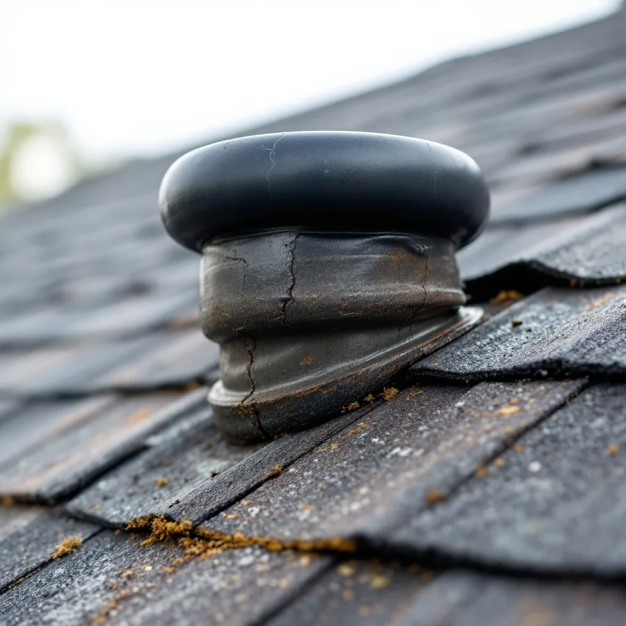 Close-up of a rubber pipe boot around a vent pipe on an asphalt shingle roof, the rubber collar cracked and split with age