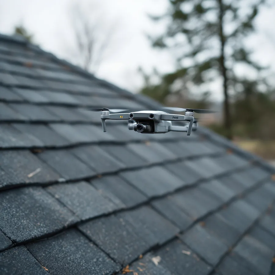 Small camera drone hovering above a residential shingle roof