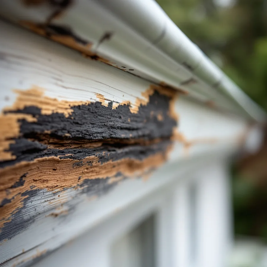 Wooden fascia board behind a gutter where the paint has failed and the timber has gone soft and dark with rot