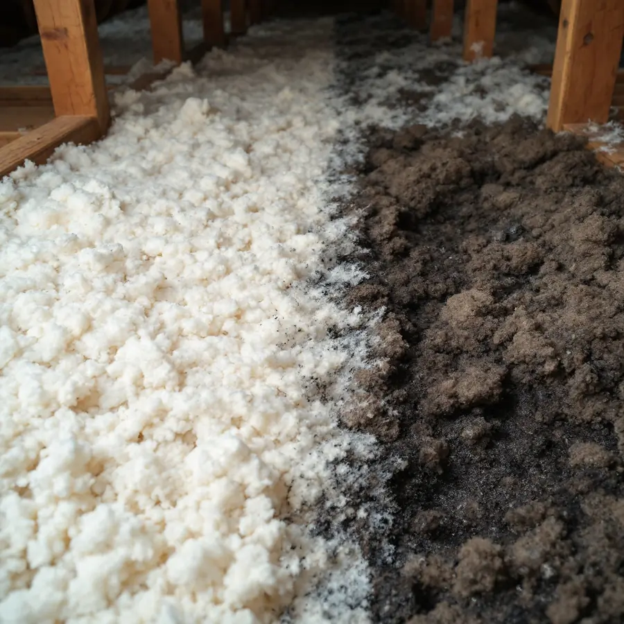 Attic insulation between joists where one area is visibly compressed, darkened and damp compared with the dry insulation around it