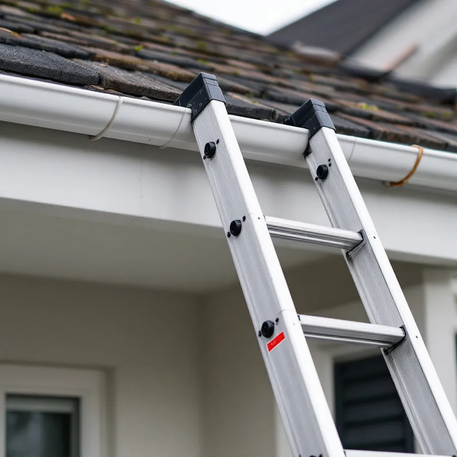 Aluminum extension ladder leaning against the gutter at the eave of a house with the roof edge above