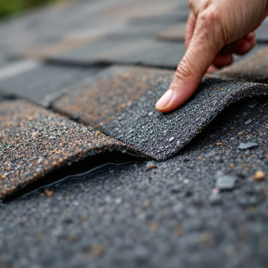 A single asphalt shingle tab lifted upward showing the black sealant strip beneath it