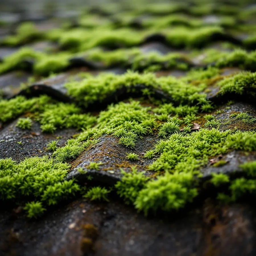 Thick green moss growing along the overlap lines of an old asphalt shingle roof