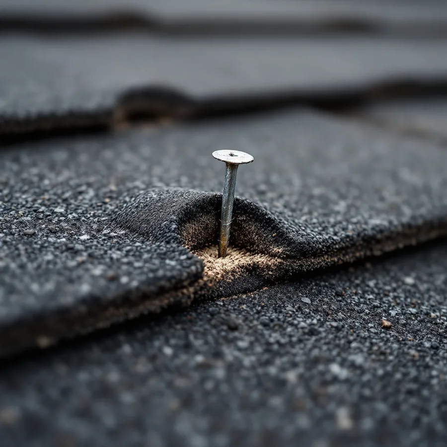 Extreme close-up of an asphalt shingle where a nail head has backed out and raised a small bump under the shingle above
