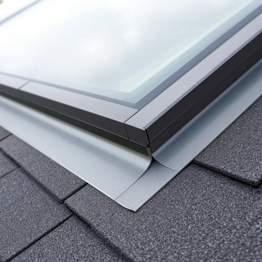 Metal flashing around a roof skylight on an asphalt shingle roof with sealant visible along the joint