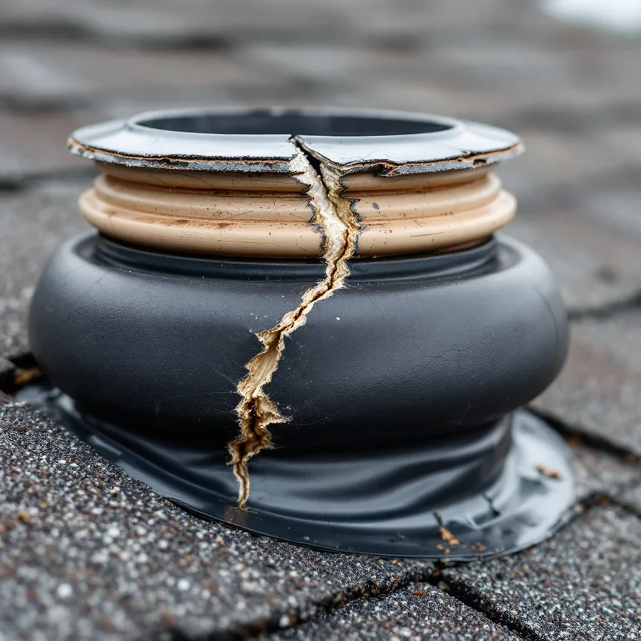 Cracked and perished rubber boot around a vent pipe on an asphalt shingle roof with splits visible in the rubber