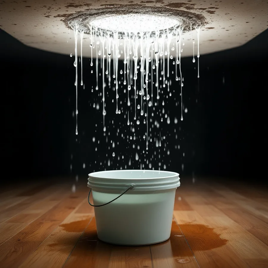 Plastic bucket on a wooden floor catching water dripping from a stained ceiling above