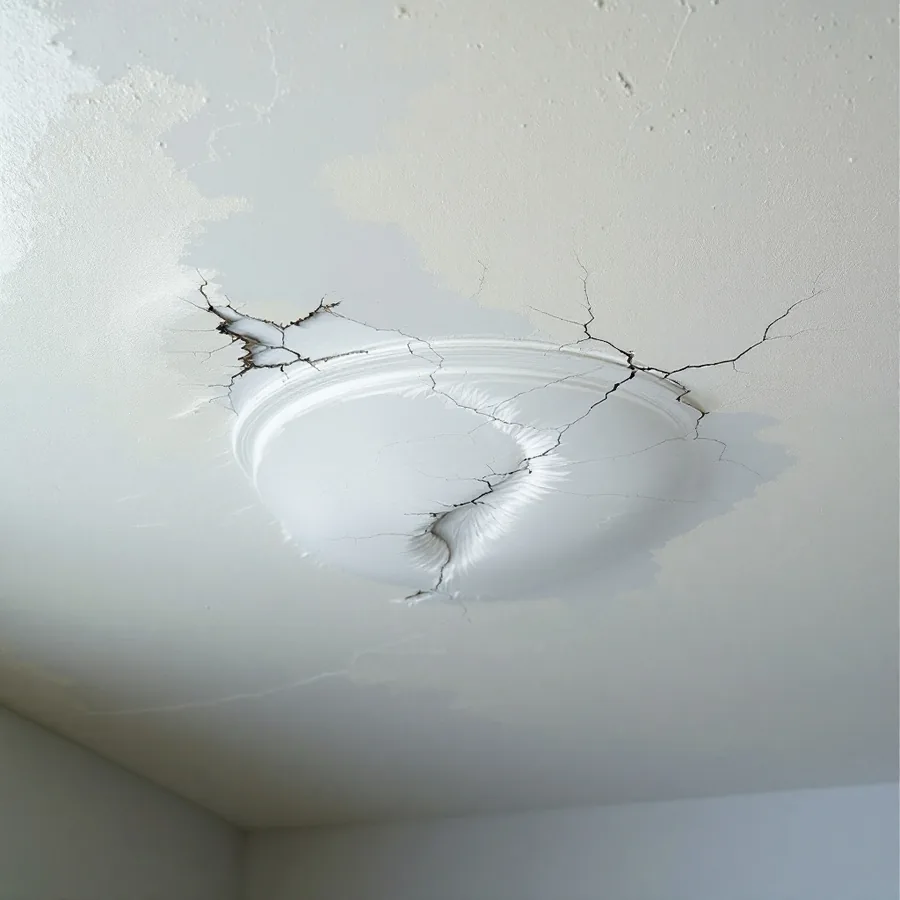 Painted ceiling sagging downward in a bulge where water has collected behind it, paint stretched and cracked around the swelling