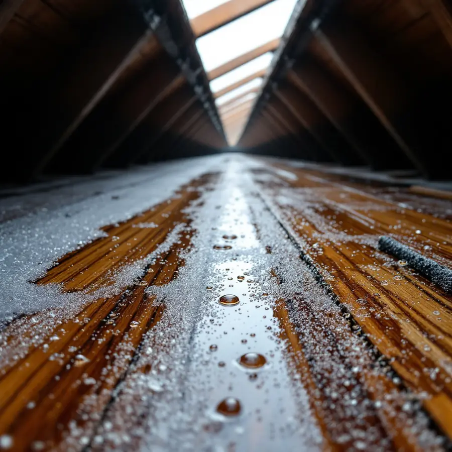 Inside a cold roof space where the underside of the decking is covered in fine droplets with frost around the nail points
