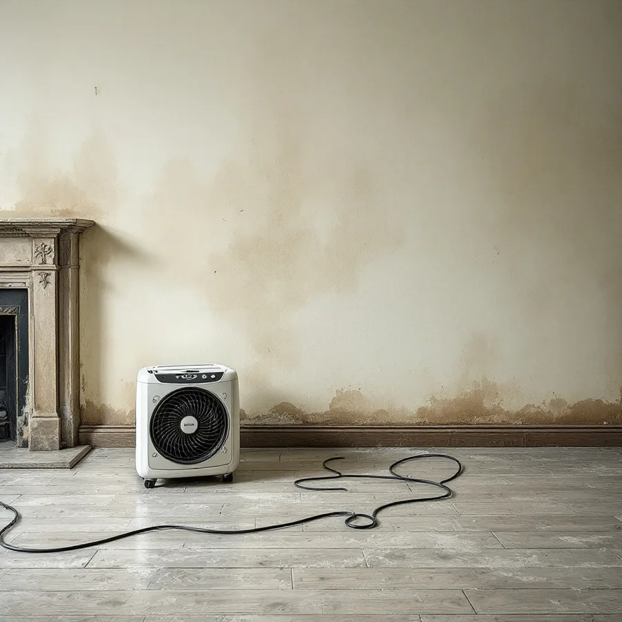 A portable dehumidifier and an air mover fan running on the floor beside a damp stained wall