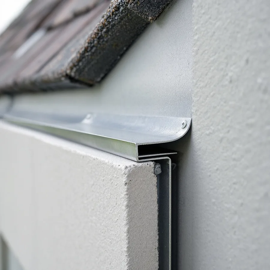Junction where a roof slope meets a vertical wall, with the metal step flashing pulled away from the wall leaving an open gap