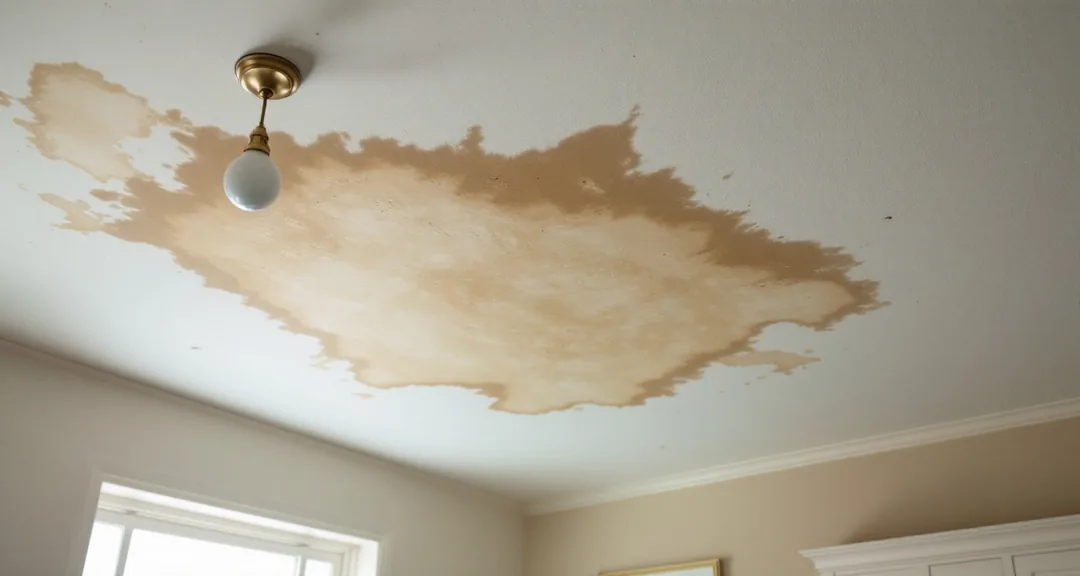 Large brown water stain spreading across a residential ceiling near a light fitting