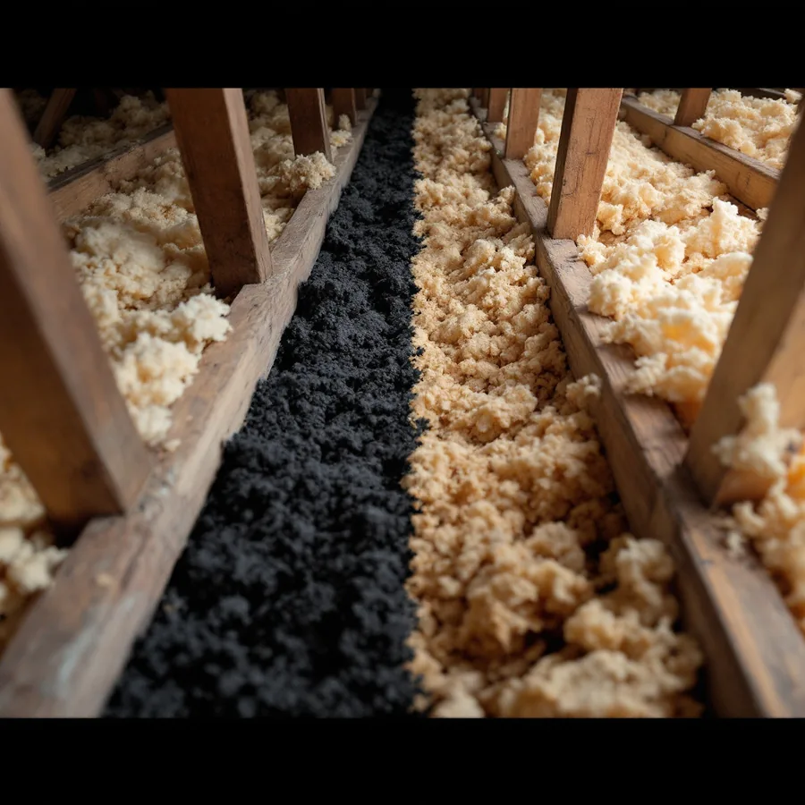 Attic insulation between joists with one section darkened, flattened and saturated compared with the dry material beside it