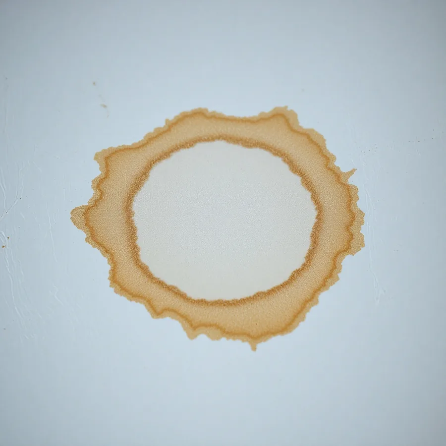 Close-up of a brown ring-shaped water stain on a white ceiling with darker edges and slightly blistered paint