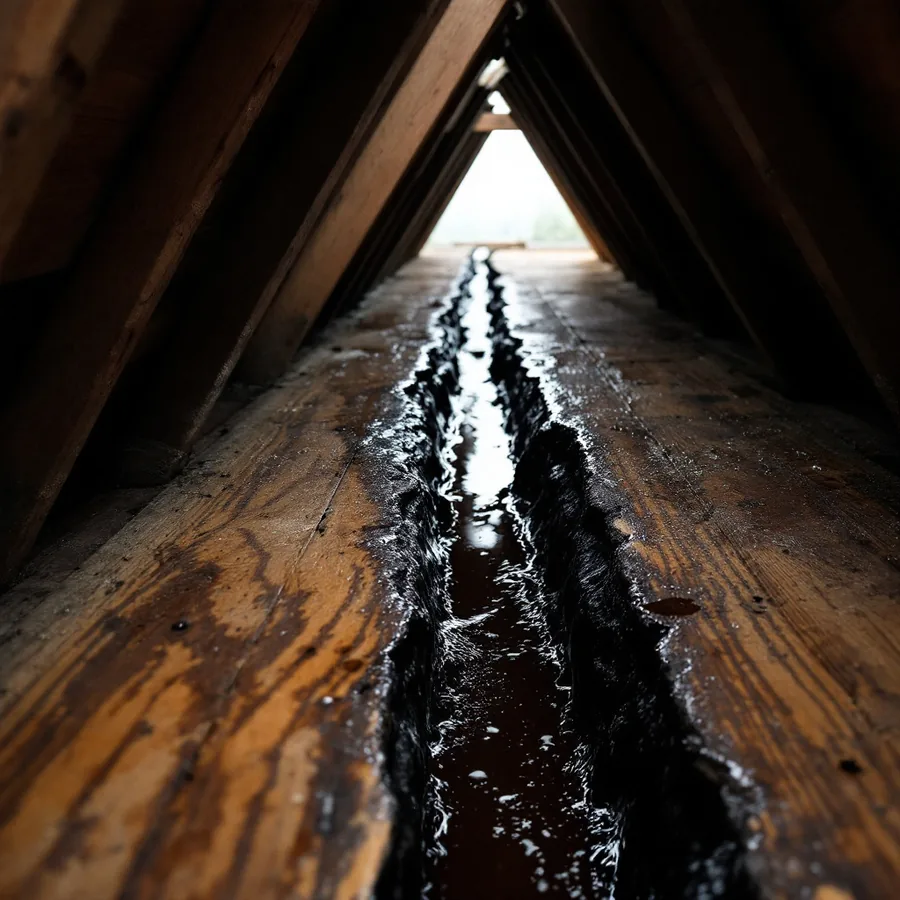 Long dark wet track running down the underside of the wooden roof decking and along a rafter inside a roof space