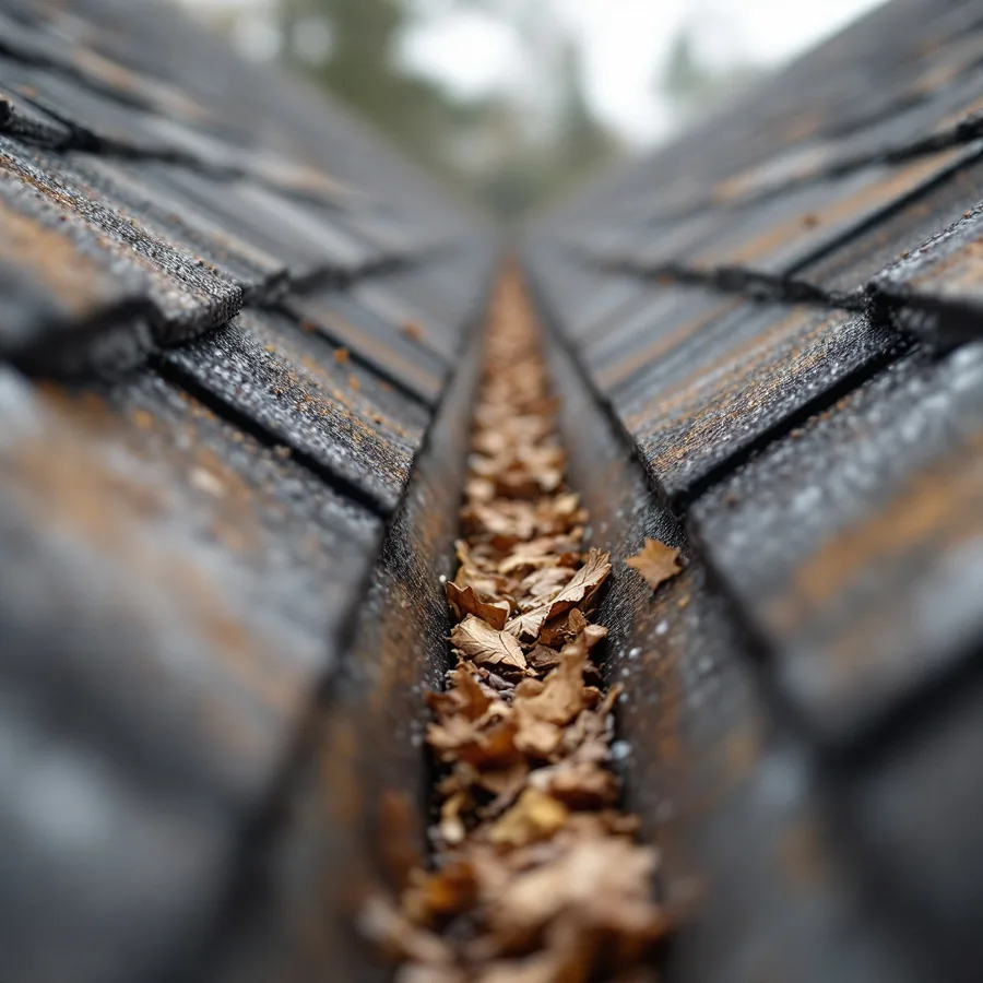 A roof valley where two slopes meet with leaves and debris collected in the valley metal, holding water against the shingle edges