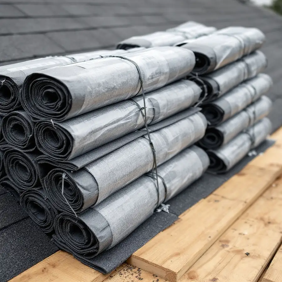 Rolls of dark roofing underlayment stacked in wrapped bundles on a bare wooden roof deck beside fresh timber