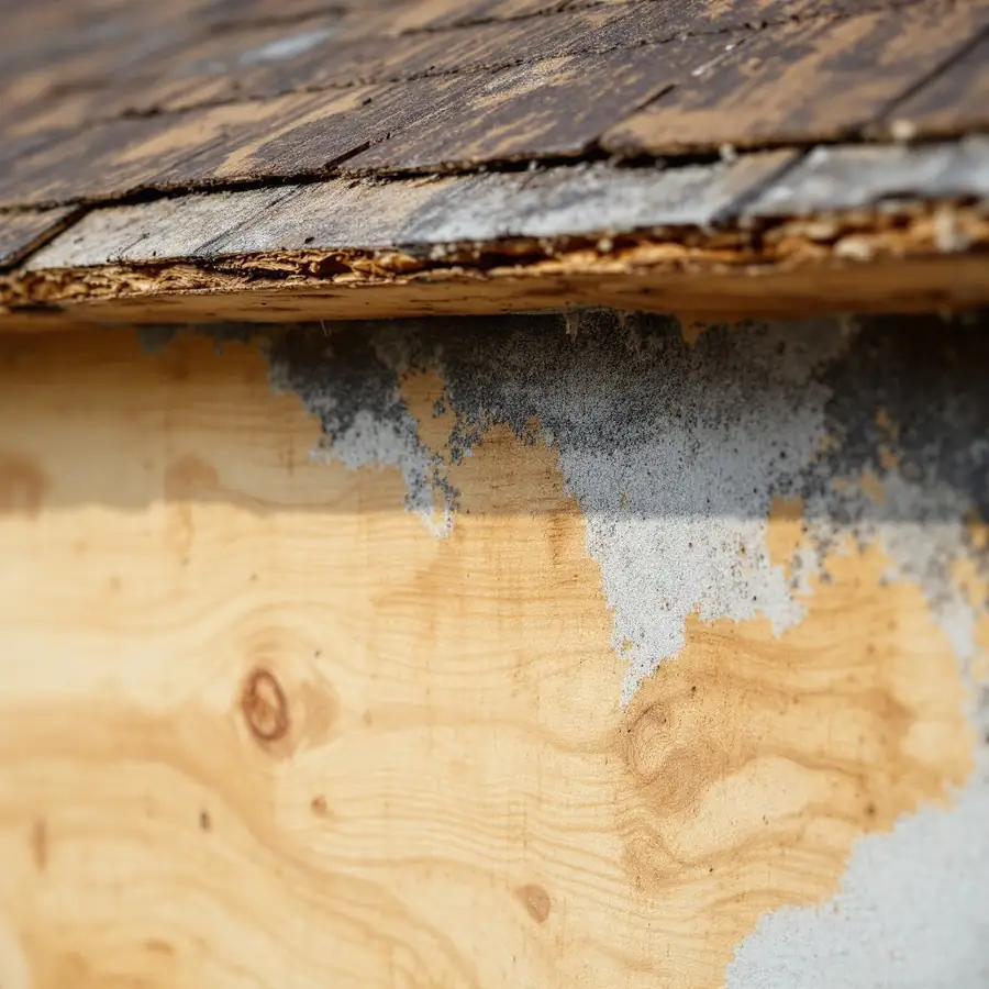 Close-up of the edge of a roof where the wooden sheathing has gone soft and splintered along the lower edge, with dark staining spreading on the surface below it