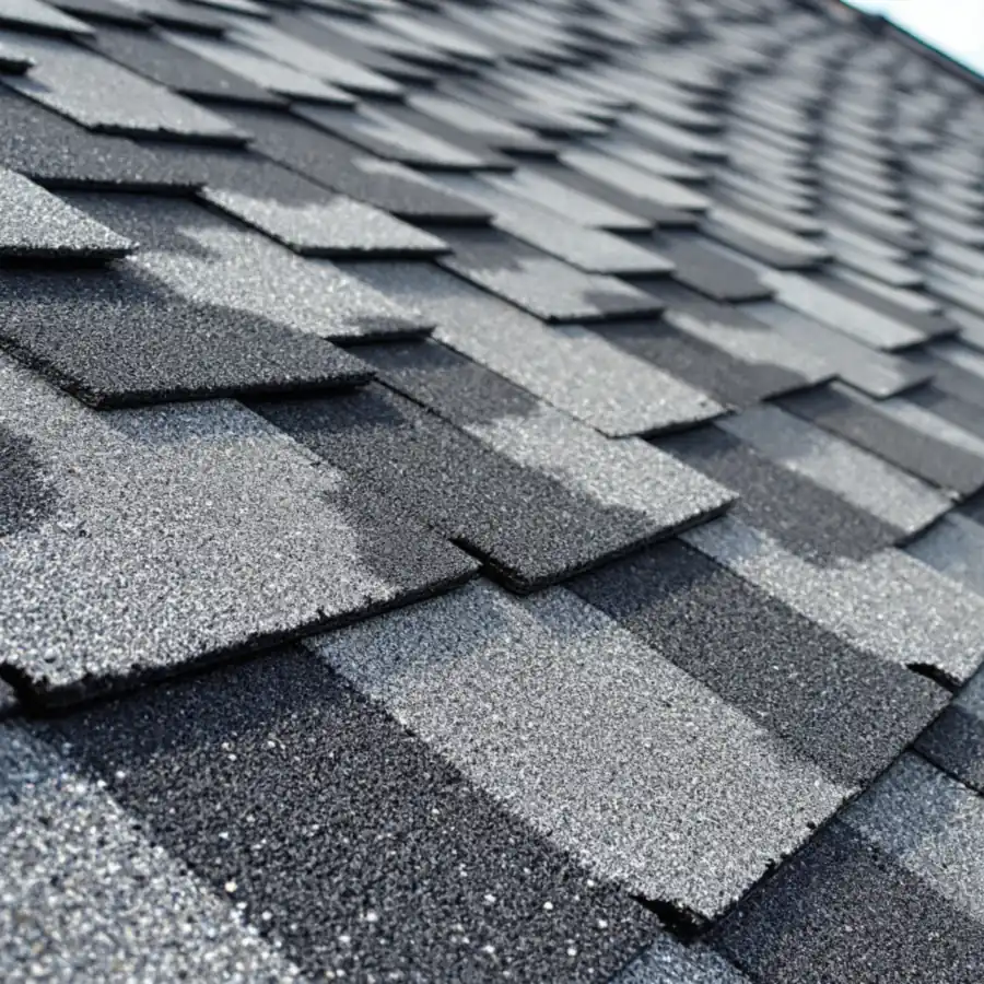 Sloped asphalt shingle roof seen close up, individual tabs and their overlapping edges visible, the granule surface worn unevenly lighter and darker across the courses