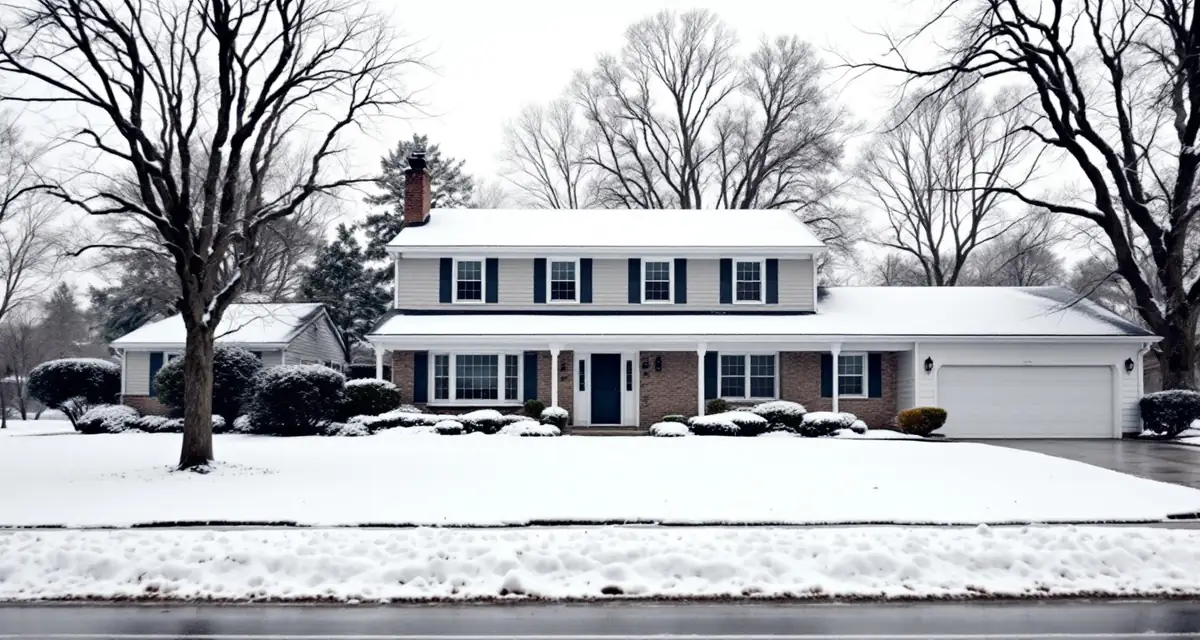 Two-storey suburban house seen from across the street in winter, snow lying on its grey asphalt shingle roof and on the front lawn, bare deciduous trees behind it under a flat overcast sky