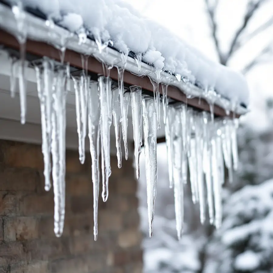 Eave of a snow covered roof with a thick ridge of ice built up along the gutter line and clear icicles hanging beneath it