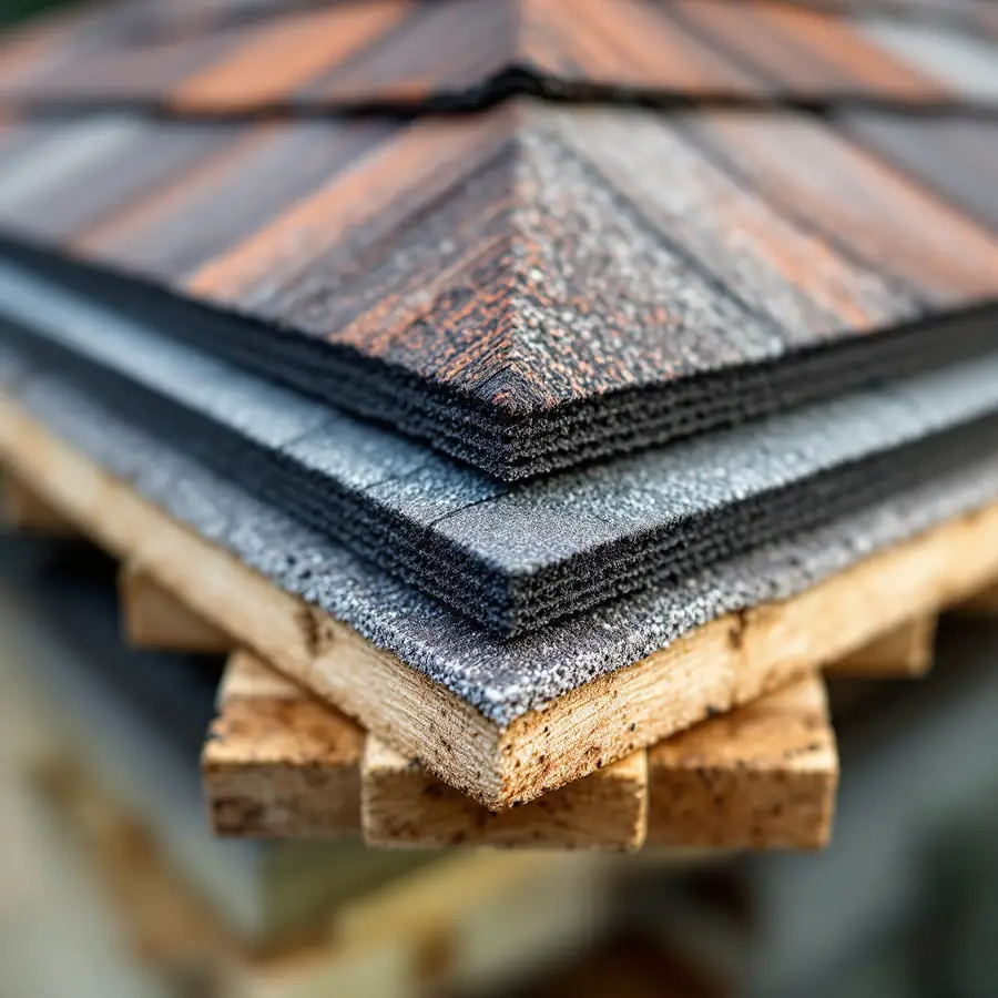 Cut edge of a roof seen end on, several flat layers of asphalt shingle stacked directly on top of one another above bare wooden deck boards