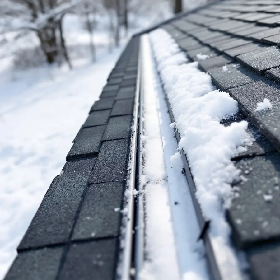 Along the ridge of a shingle roof in winter, a narrow strip melted clear directly over the ridge while snow lies on the slopes falling away on both sides
