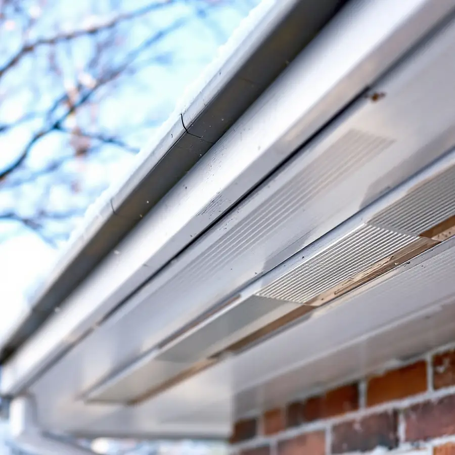 Looking up at the underside of a roof overhang showing the fascia board and a long slotted metal soffit vent panel running along it, snow visible on the gutter edge