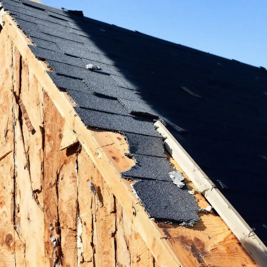 Roof slope half stripped, pale bare wooden sheathing boards exposed across the near half with torn dark shingles still fastened on the far half