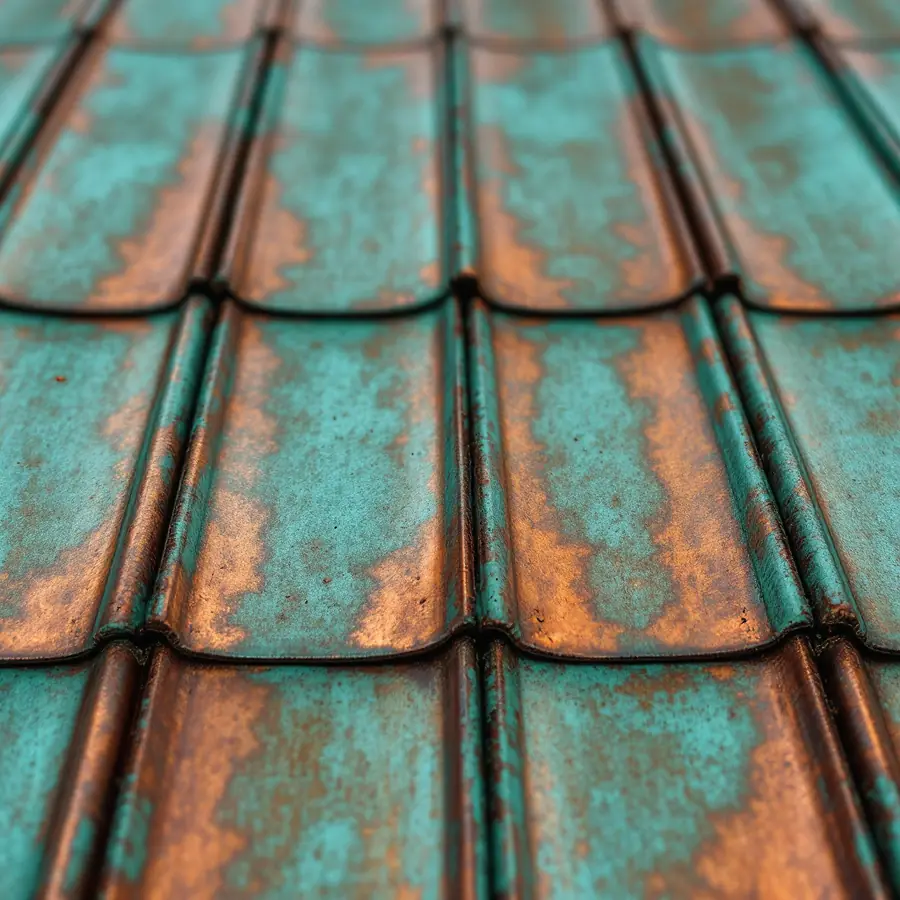 Old copper standing seam roof panels with uneven green and brown patina across the metal