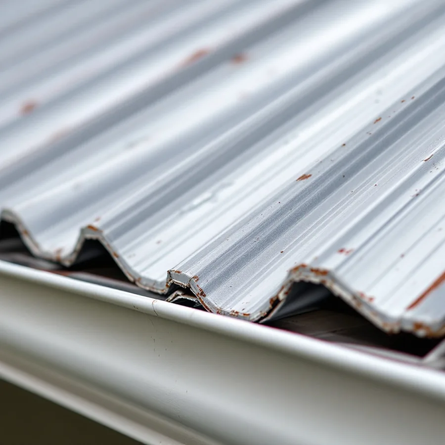 The eave of a standing seam metal roof where the panel ends are folded down over the drip edge above a metal gutter