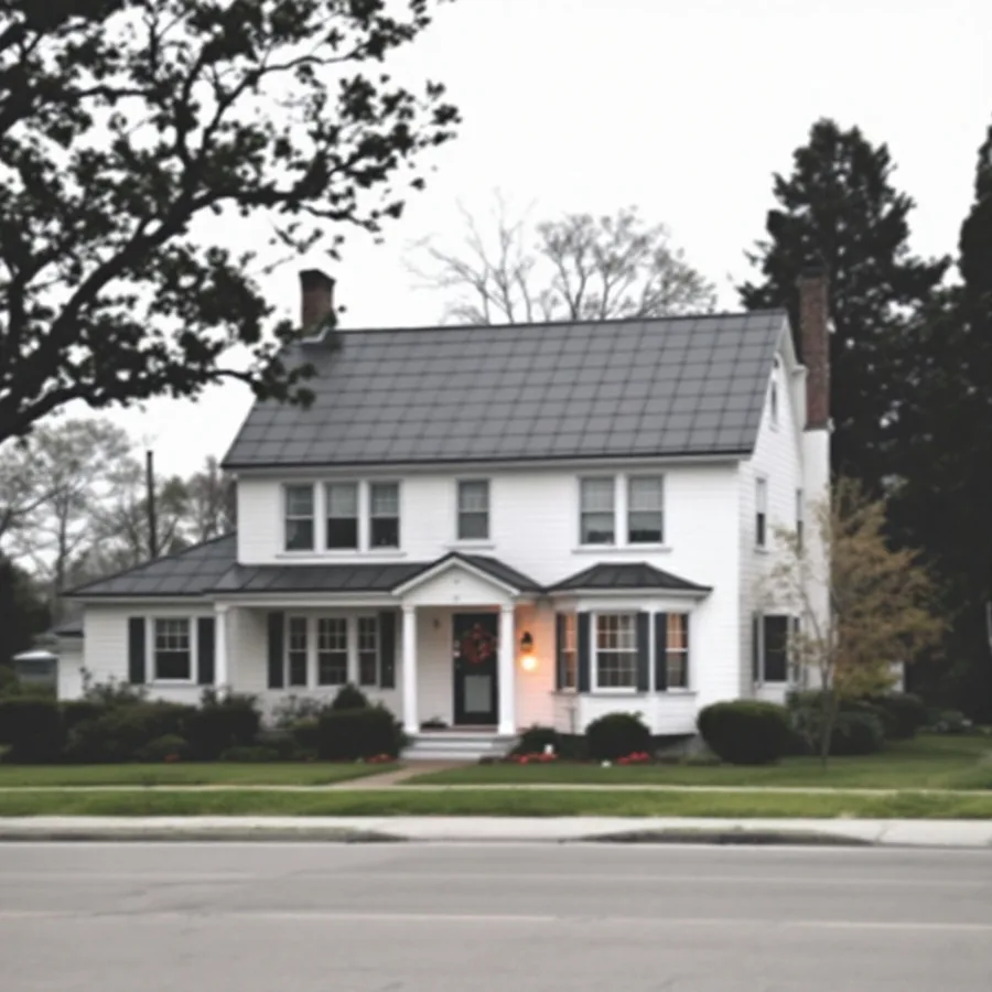 A two-story white house on an ordinary residential street with a dark metal roof, seen from the pavement