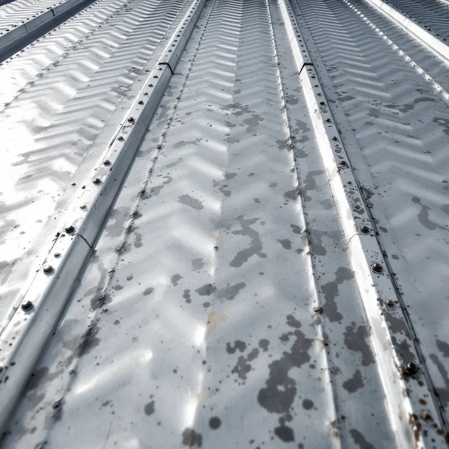 A flat metal roof panel in low raking sunlight showing gentle waviness across the flat area between the ribs