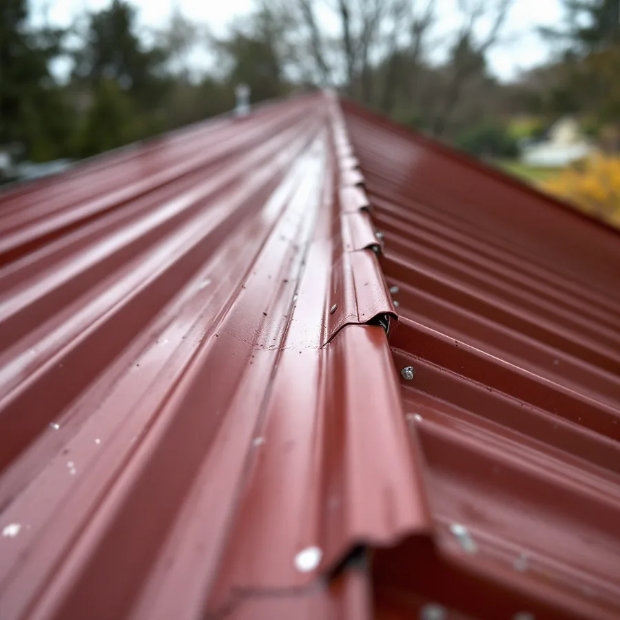 The ridge of a standing seam metal roof where panels from both slopes meet beneath a formed metal ridge cap