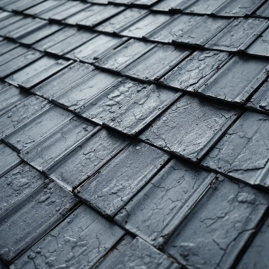 Stamped metal roofing shingles pressed to imitate slate, laid in overlapping courses in a dark matte finish