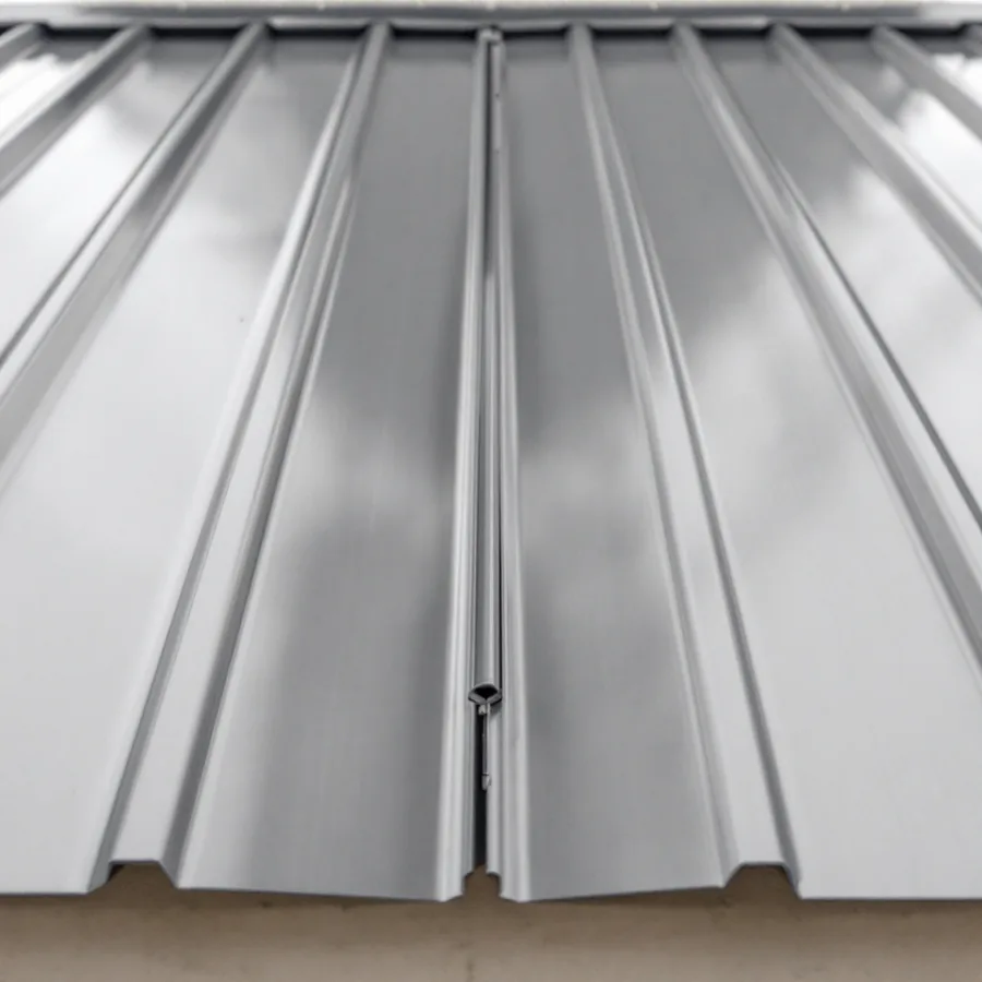 Standing seam metal panels running up a roof slope, the raised seams evenly spaced and the panel faces free of any fasteners