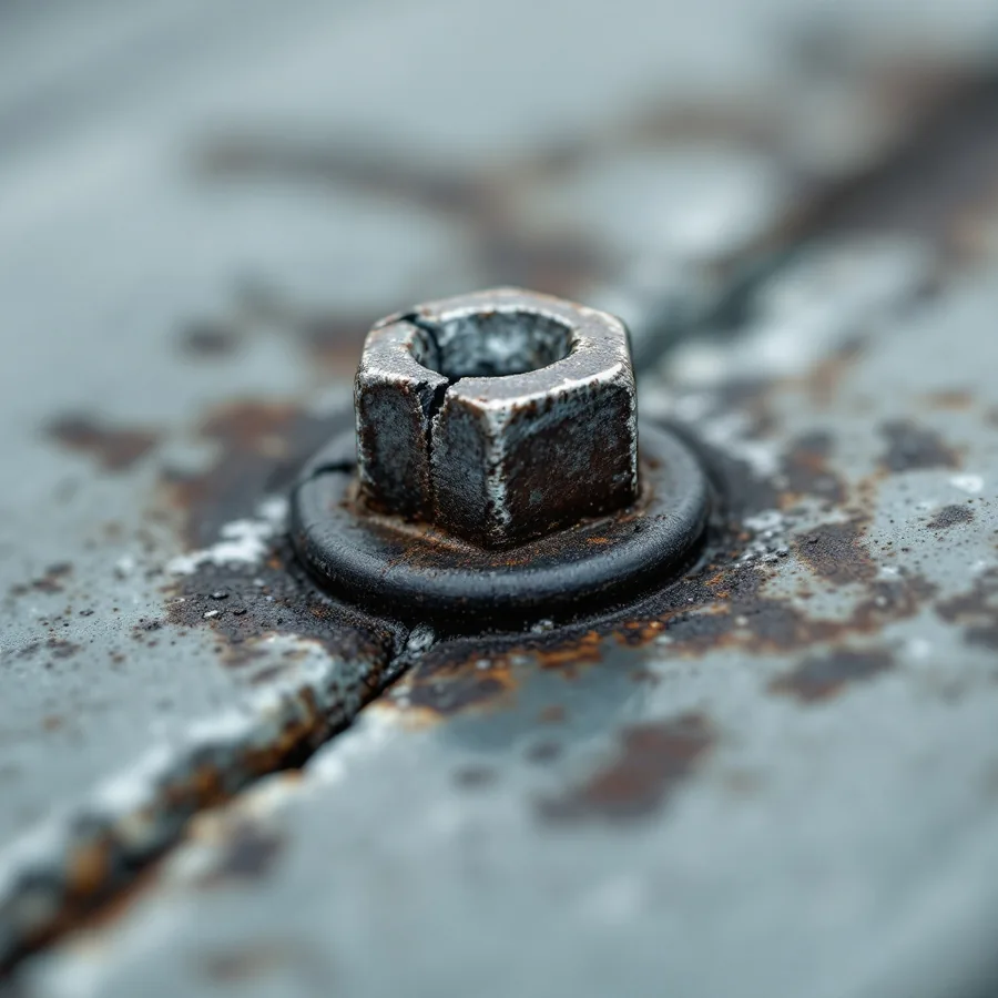 Extreme close-up of an old rusted hex-head roofing screw whose black rubber washer has cracked and shrunk, with rust staining spreading around it
