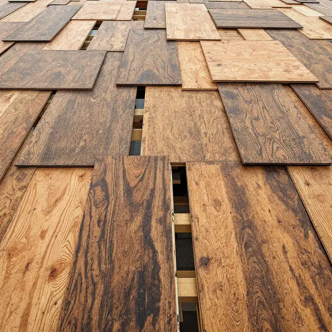 Exposed roof sheathing where several plywood sheets are dark, stained and delaminated among clean sound sheets