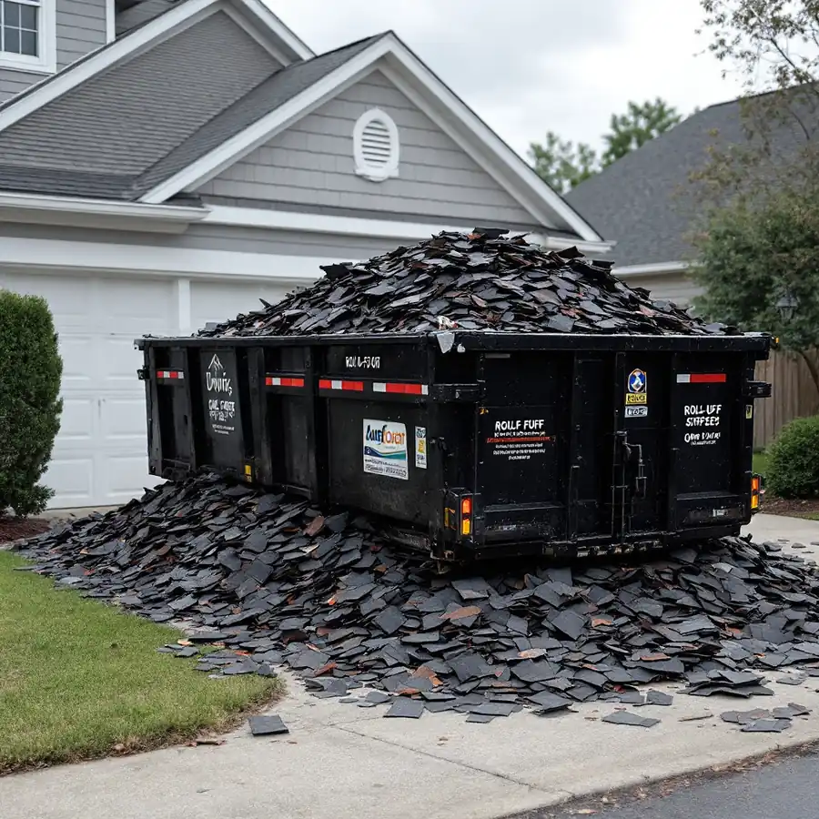 Roll-off dumpster on a residential driveway heaped with torn-off asphalt shingles