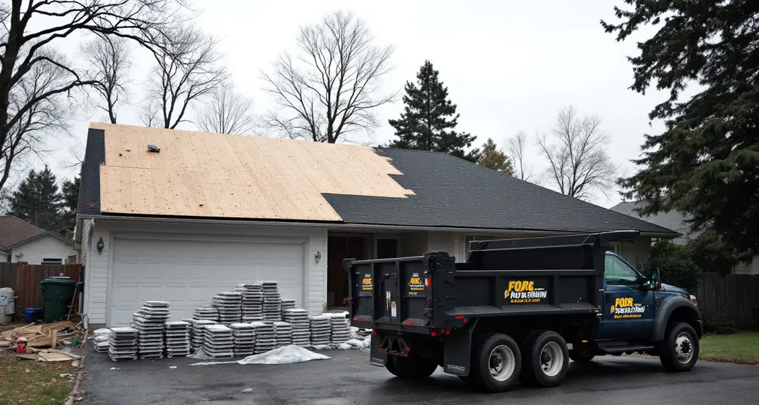 Suburban house mid roof replacement with half the roof stripped to bare decking, new shingle bundles stacked on the slope and a dumpster on the driveway