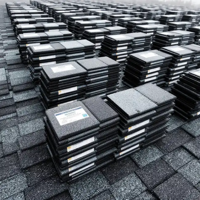Neatly stacked bundles of asphalt roofing shingles arranged in rows on a roof slope