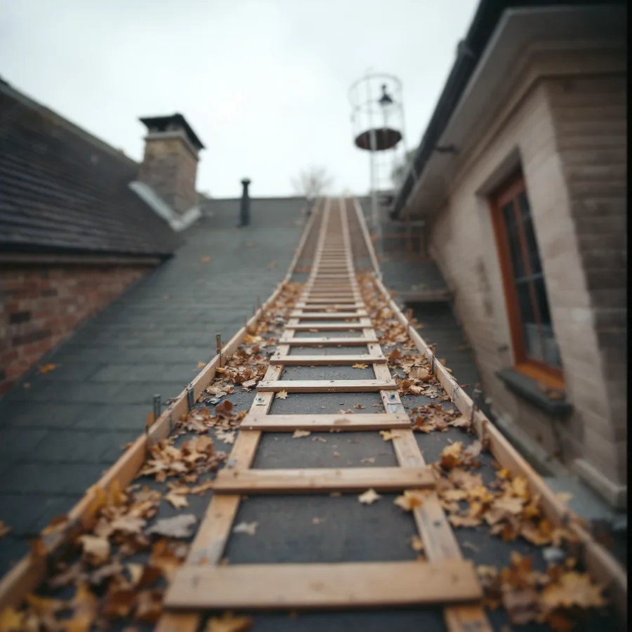 Looking up at a very steep residential roof slope with staging and planks set up along it for access