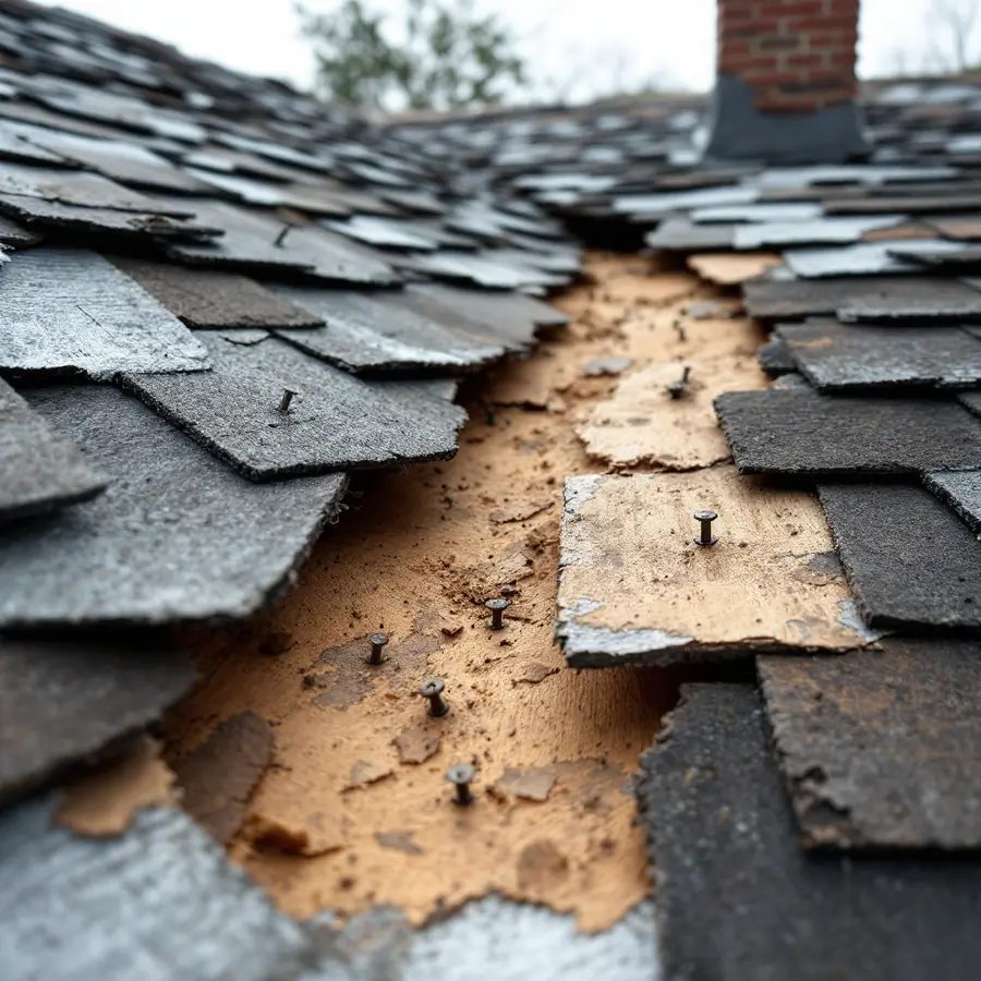 Roof mid tear-off with old shingles peeled back in a wide strip exposing bare wooden decking and old nail heads
