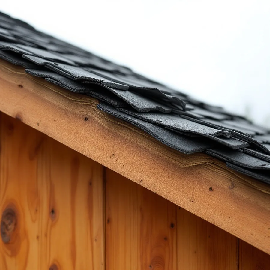 Cut edge of a roof showing two distinct stacked layers of old asphalt shingles above the wooden deck