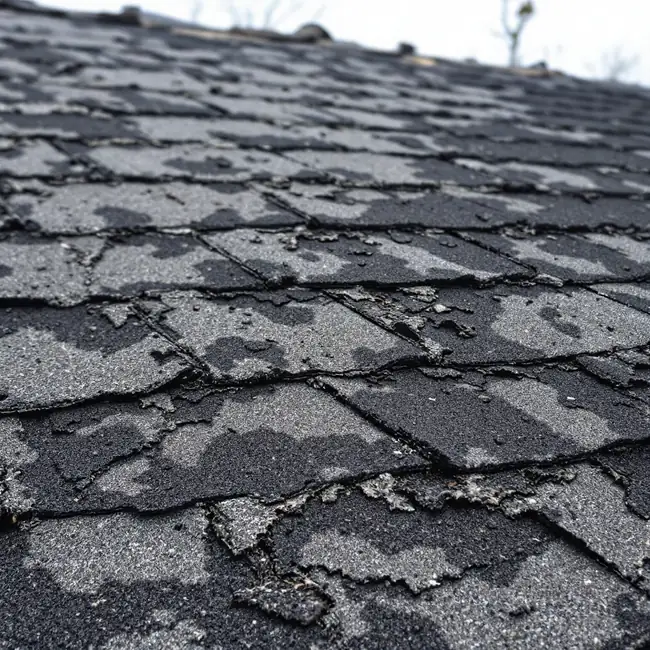 Old asphalt shingle roof at the end of its life with widespread granule loss, curling edges and patchy dark bald areas across whole slopes
