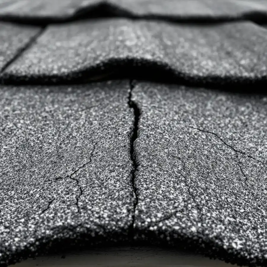 Close-up of an old grey asphalt shingle tab overlapping the course below it, its surface covered in fine cracks with one split running through the tab
