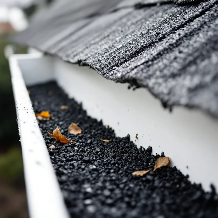 Looking down into an open white gutter half filled with dark mineral granules washed off the roof, with a few dry leaves among them