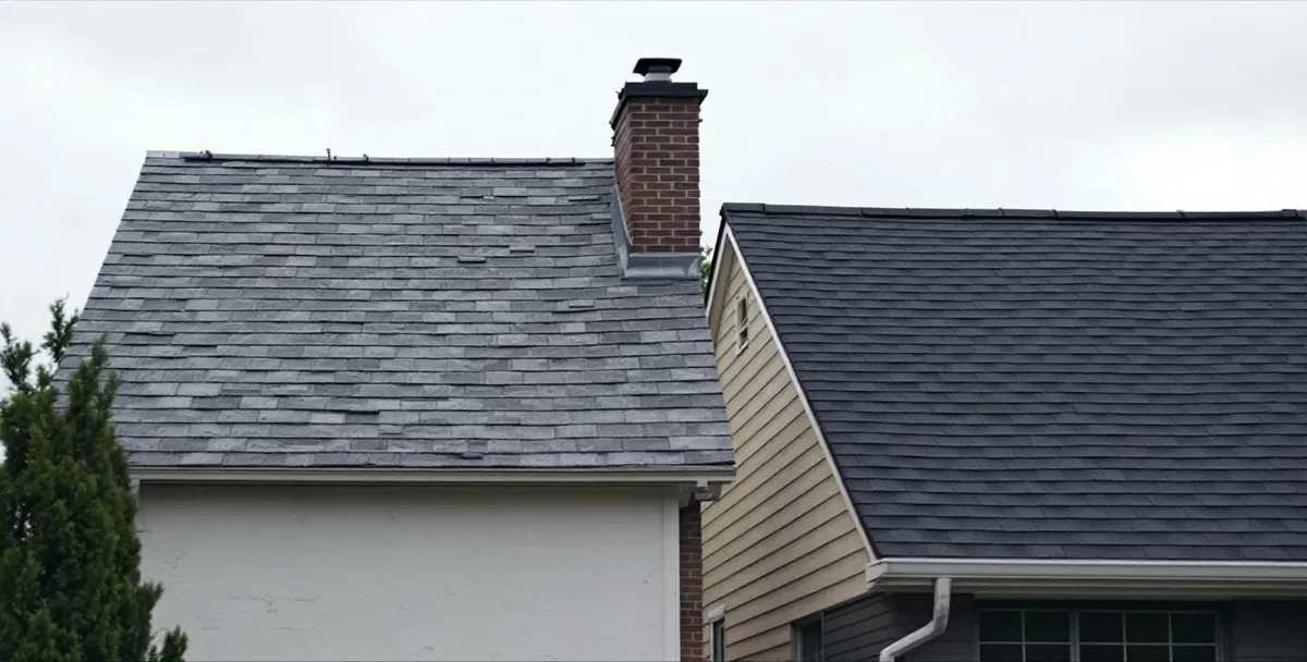 Two adjoining suburban roofs seen from the street: the near one covered in faded, patchy grey shingles with uneven courses, the one next door in crisp dark charcoal shingles
